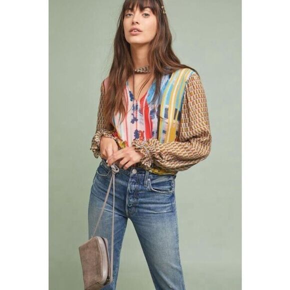 Anthropologie Conditions Apply Women’s Multi Viscose Neck Tie Semi Sheer Blouse - Picture 14 of 15